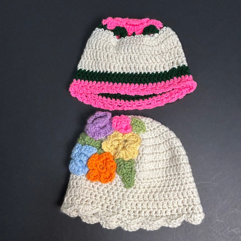 Handmade Crochet Bucket Hats Kids Fun Watermelon & Flower Designs